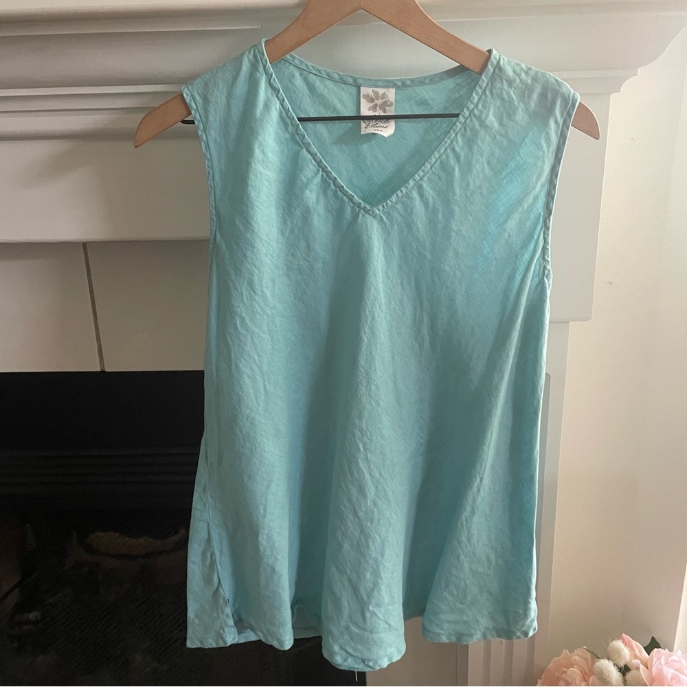Match Point USA 100% Linen Aqua Blue V Neck Tank Top Size Small